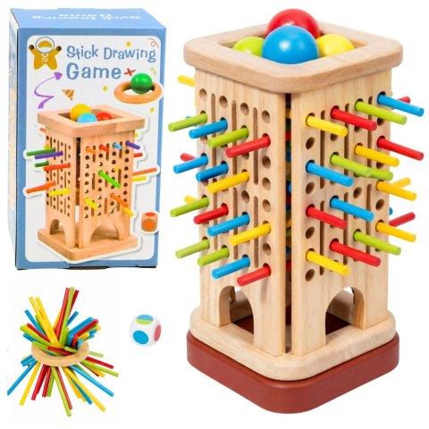 Drewniana Gra Zręcznościowa Edukacyjna Wieża Patyczki Kulki Kostka 37 el.