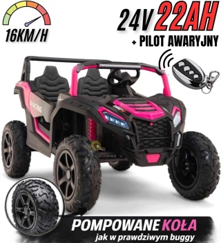 Buggy ATV Strong Racing dla 2 dzieci Różowy + Silnik bezszczotkowy + Pompowane koła + Audio LED Czerwony + PILOT AWARYJNY