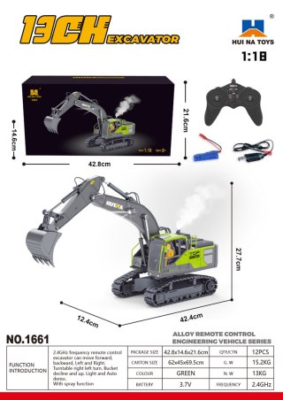 R/C Koparka Zielono/Szara z Funkcją Dymu 1:18