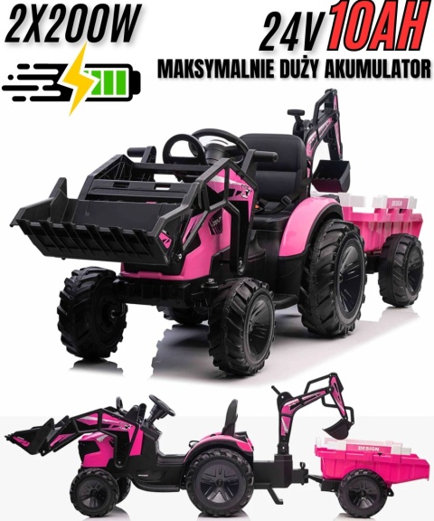 Wielki traktor na akumulator 720-T z przyczepką 24V Różowy[SX2068]