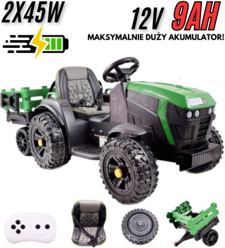 WIELKI TRAKTOR NA AKUMULATOR Z PRZYCZEPĄ, MIĘKKIE KOŁA, MIĘKKIE SIEDZENIE/BDM0925