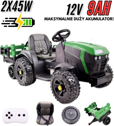 WIELKI TRAKTOR NA AKUMULATOR Z PRZYCZEPĄ, MIĘKKIE KOŁA, MIĘKKIE SIEDZENIE/BDM0925