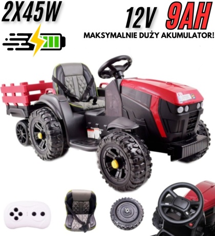 WIELKI TRAKTOR NA AKUMULATOR Z PRZYCZEPĄ, MIĘKKIE KOŁA, MIĘKKIE SIEDZENIE/BDM0925