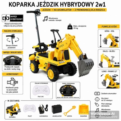 Koparka na Akumulator dla Dzieci 3w1 - Żółty Jeździk Hybrydowy z Pilotem i Przyczepą EC-500
