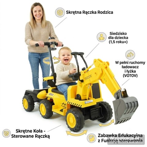 Koparka na Akumulator dla Dzieci 3w1 - Żółty Jeździk Hybrydowy z Pilotem i Przyczepą EC-500