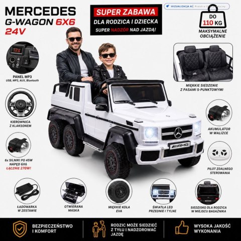 MEGA POJAZD- ORYGINALNY MERCEDES G63, NAPĘD 6X6, MIĘKKIE KOŁA, MIĘKKIE SIEDZENIE, SIEDZENIE DLA RODZICA, 12v14AH/ABL-1801