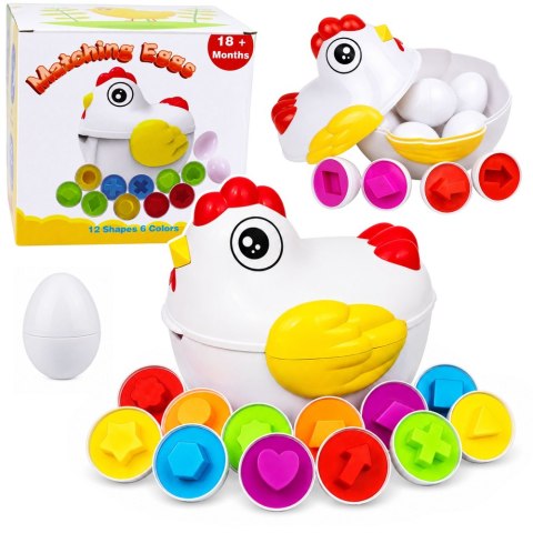Kura Edukacyjna 12 Jajek Sorter Nauka Kształtów Kolorów Zestaw