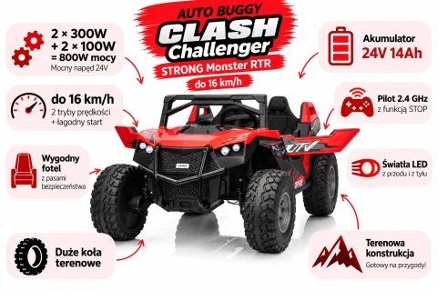 Auto BUGGY CLASH Challenger STRONG 24V Monster RTR do 16km/h Czerwony