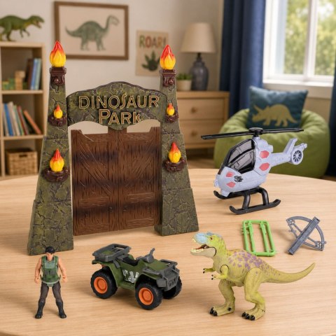 Baza Badawcza Park Dinozaurów Brama Helikopter Quad Figurki Odkrywca