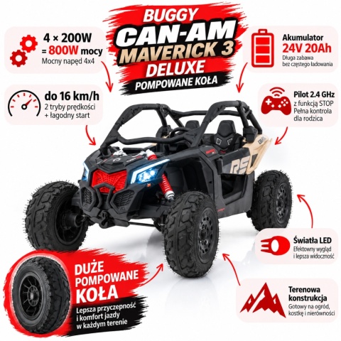 Pojazd Buggy CAN-AM Maverick DELUXE + POMPOWANE KOŁA 4x200W 2x24V10Ah Czarny / Khaki