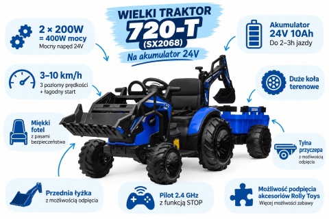 Wielki traktor/koparka na akumulator 720-T z przyczepką 24V 2x200W + POWIĘKSZONY AKUMULATOR [SX2068]