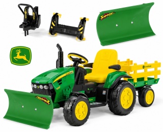 ZESTAW Traktor na akumulator JOHN DEERE z przyczepką + pług na zimę Peg Perego