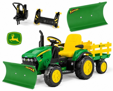 ZESTAW Traktor na akumulator JOHN DEERE z przyczepką + pług na zimę Peg Perego