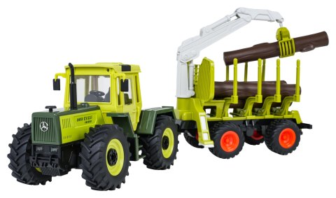 Traktor Zielony 1:24 z Pilotem Mercedes Benz + Przyczepa na Drewno z Dźwigiem