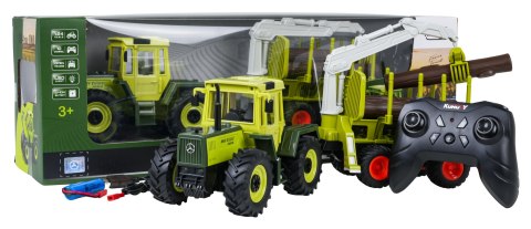 Traktor Zielony 1:24 z Pilotem Mercedes Benz + Przyczepa na Drewno z Dźwigiem