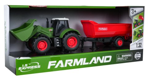 Zielony Traktor z Funkcją Świateł i Dźwięku 1:32 + Czerwona Przyczepa