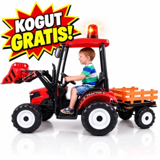 Wielki traktor na akumulator TITAN 24V 2x200W z przyczepką łyżką + kabina czerwony