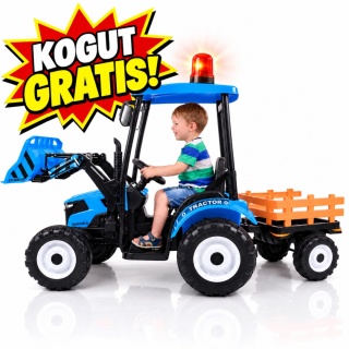 Wielki traktor na akumulator TITAN 24V 2x200W z przyczepką łyżką + kabina niebieski