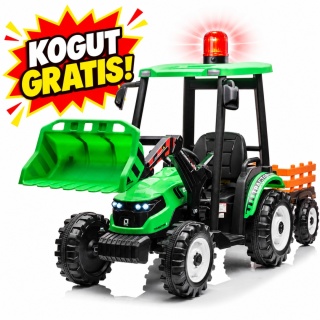 Wielki traktor na akumulator TITAN 24V 2x200W z przyczepką łyżką + kabina zielony