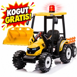 Wielki traktor na akumulator TITAN 24V 2x200W z przyczepką łyżką + kabina żółty