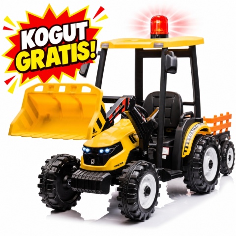Wielki traktor na akumulator TITAN 24V 2x200W z przyczepką łyżką + kabina żółty