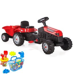 WOOPIE Traktor MAX na pedały z przyczepą Czerwony + Wiaderko Zestaw Wakacyjny 8 akc Koszyk
