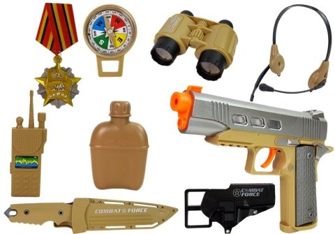 Zestaw Wojskowy z Akcesoriami Pistolet Nóż Lornetka Słuchawki Gwizdek Krótkofalówka
